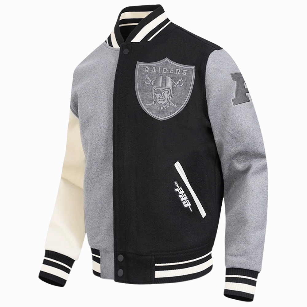 NFL LAS VEGAS RAIDERS REVERSE FRENCH TERRY MEN'S COLOR BLOCK WOOL VARSITY JACKET (BLACK/GRAY/EGGSHELL)