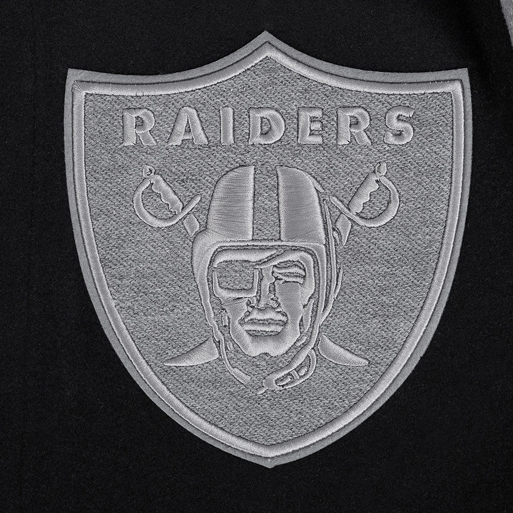 NFL LAS VEGAS RAIDERS REVERSE FRENCH TERRY MEN'S COLOR BLOCK WOOL VARSITY JACKET (BLACK/GRAY/EGGSHELL)