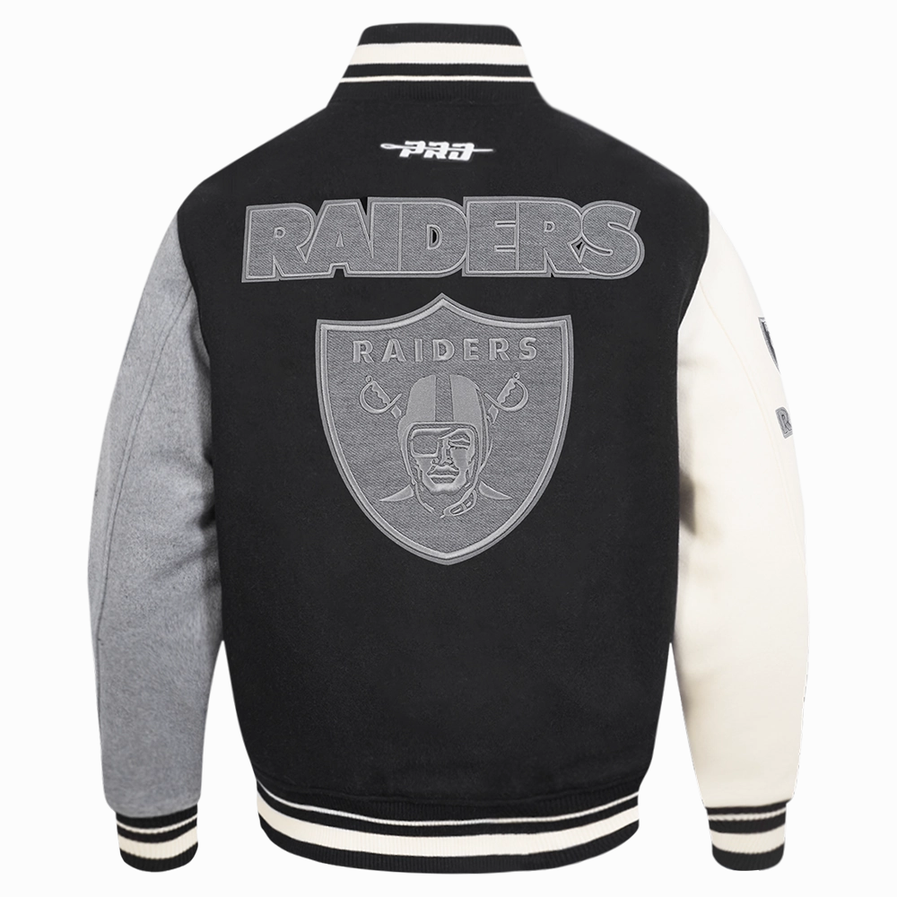 NFL LAS VEGAS RAIDERS REVERSE FRENCH TERRY MEN'S COLOR BLOCK WOOL VARSITY JACKET (BLACK/GRAY/EGGSHELL)