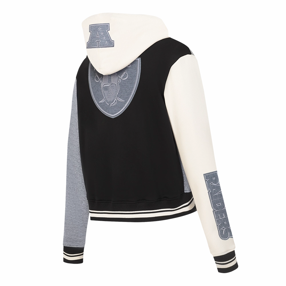 NFL LAS VEGAS RAIDERS REVERSE FRENCH TERRY WOMEN'S COLOR BLOCK FLEECE FULL ZIP HOODIE (BLACK/GRAY/EGGSHELL)