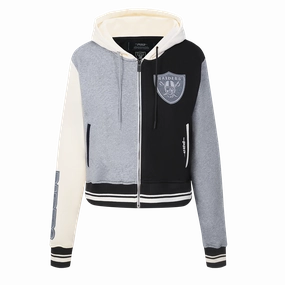 NFL LAS VEGAS RAIDERS REVERSE FRENCH TERRY WOMEN'S COLOR BLOCK FLEECE FULL ZIP HOODIE (BLACK/GRAY/EGGSHELL)