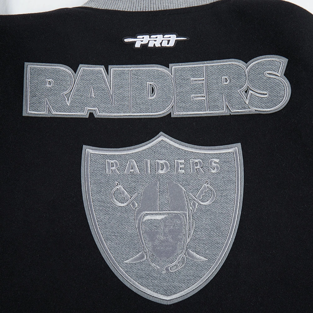 NFL LAS VEGAS RAIDERS REVERSE FRENCH TERRY WOMEN'S WOOL VARSITY JACKET (BLACK/GRAY/EGGSHELL)