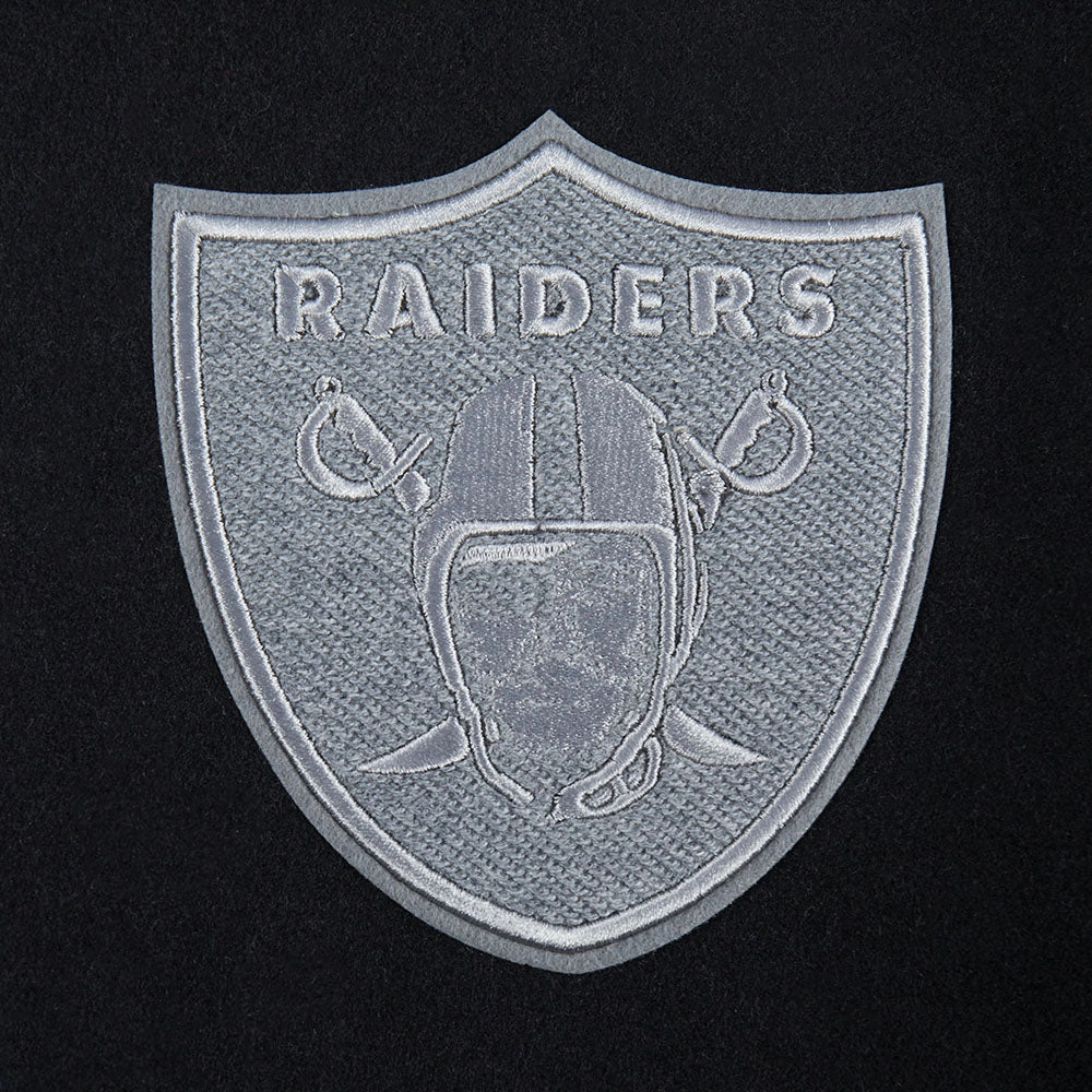 NFL LAS VEGAS RAIDERS REVERSE FRENCH TERRY WOMEN'S WOOL VARSITY JACKET (BLACK/GRAY/EGGSHELL)