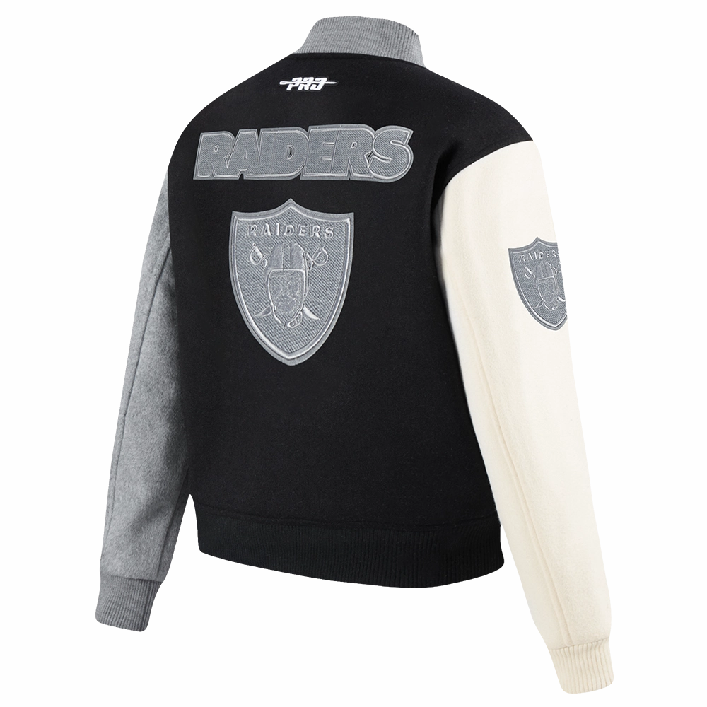 NFL LAS VEGAS RAIDERS REVERSE FRENCH TERRY WOMEN'S WOOL VARSITY JACKET (BLACK/GRAY/EGGSHELL)