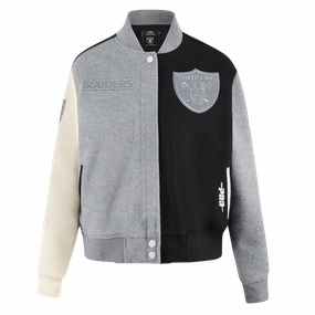 NFL LAS VEGAS RAIDERS REVERSE FRENCH TERRY WOMEN'S WOOL VARSITY JACKET (BLACK/GRAY/EGGSHELL)
