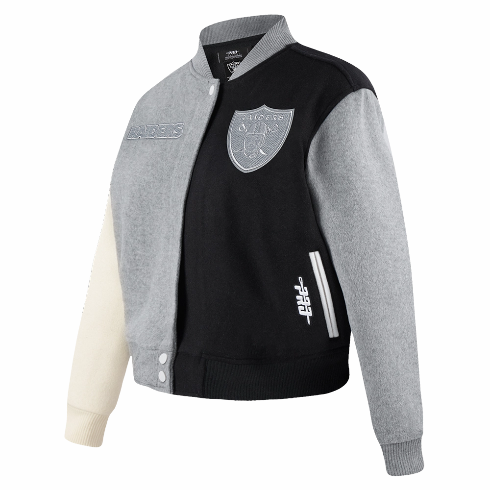 NFL LAS VEGAS RAIDERS REVERSE FRENCH TERRY WOMEN'S WOOL VARSITY JACKET (BLACK/GRAY/EGGSHELL)