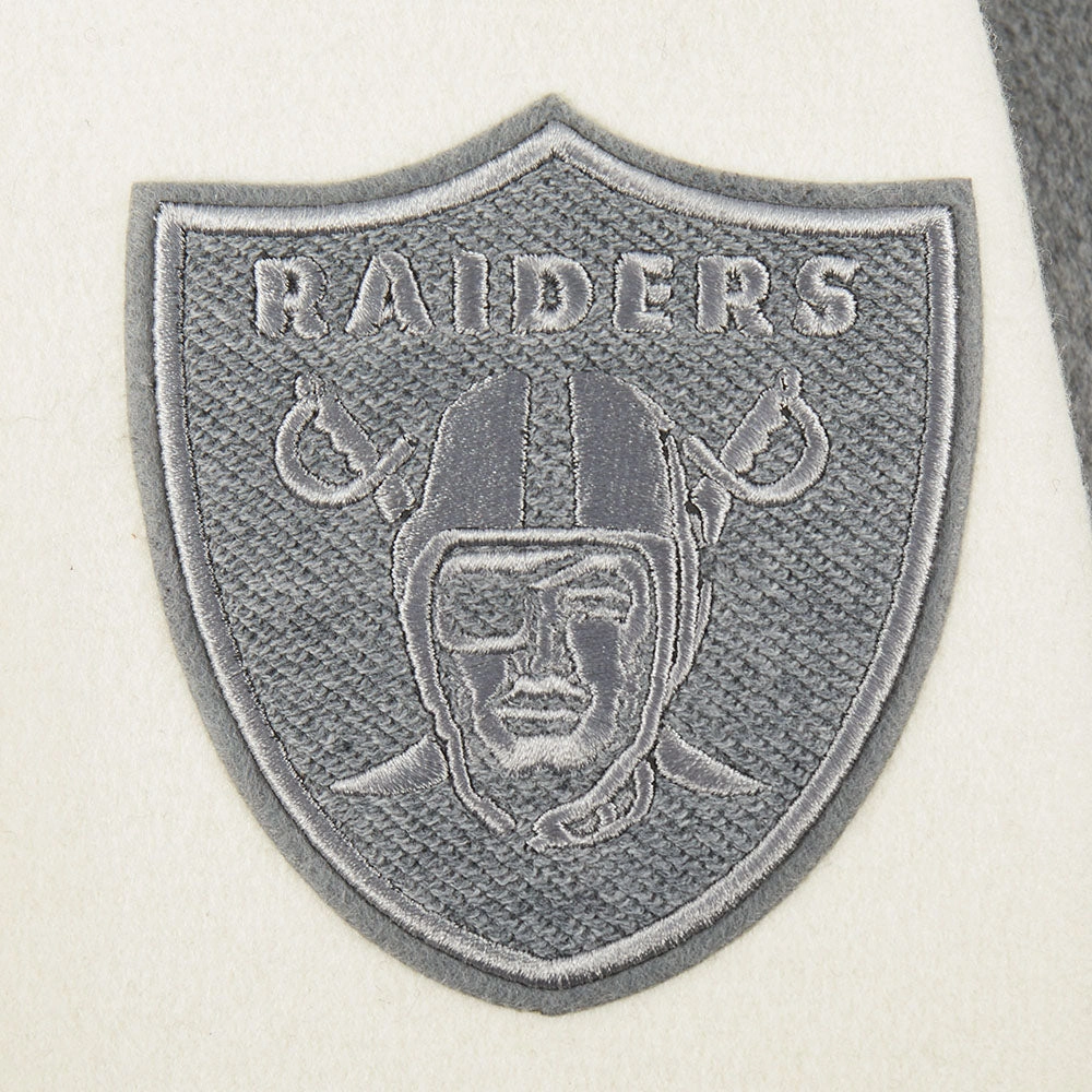 NFL LAS VEGAS RAIDERS REVERSE FRENCH TERRY WOMEN'S WOOL VARSITY JACKET (BLACK/GRAY/EGGSHELL)