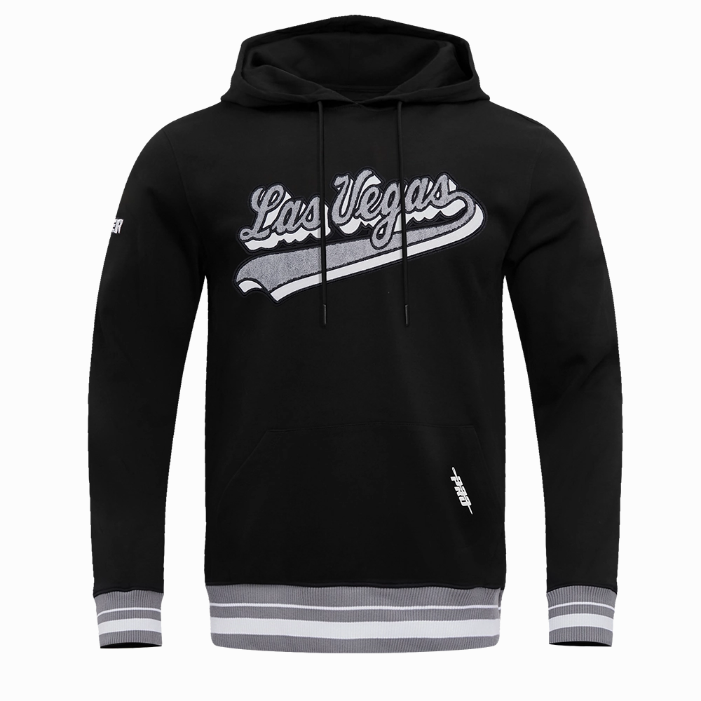 NFL LAS VEGAS RAIDERS SCRIPT TAIL MEN'S RIB FLEECE PULLOVER HOODIE (BLACK/GRAY)