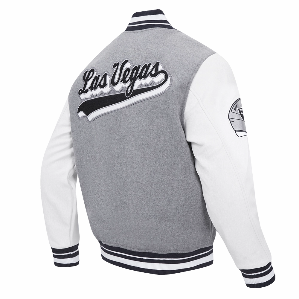 NFL LAS VEGAS RAIDERS SCRIPT TAIL MEN'S RIB WOOL VARSITY JACKET (HEATHER GREY/WHITE/BLACK)