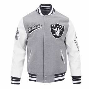 NFL LAS VEGAS RAIDERS SCRIPT TAIL MEN'S RIB WOOL VARSITY JACKET (HEATHER GREY/WHITE/BLACK)