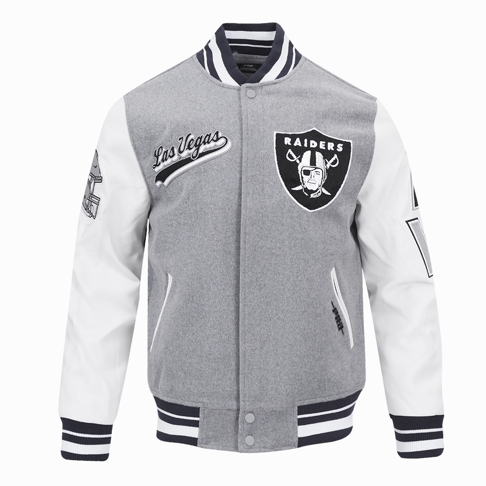 NFL LAS VEGAS RAIDERS SCRIPT TAIL MEN'S RIB WOOL VARSITY JACKET (HEATHER GREY/WHITE/BLACK)