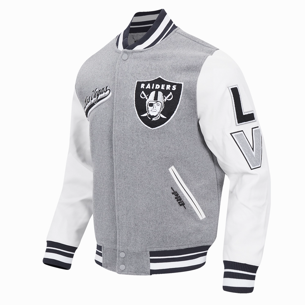NFL LAS VEGAS RAIDERS SCRIPT TAIL MEN'S RIB WOOL VARSITY JACKET (HEATHER GREY/WHITE/BLACK)