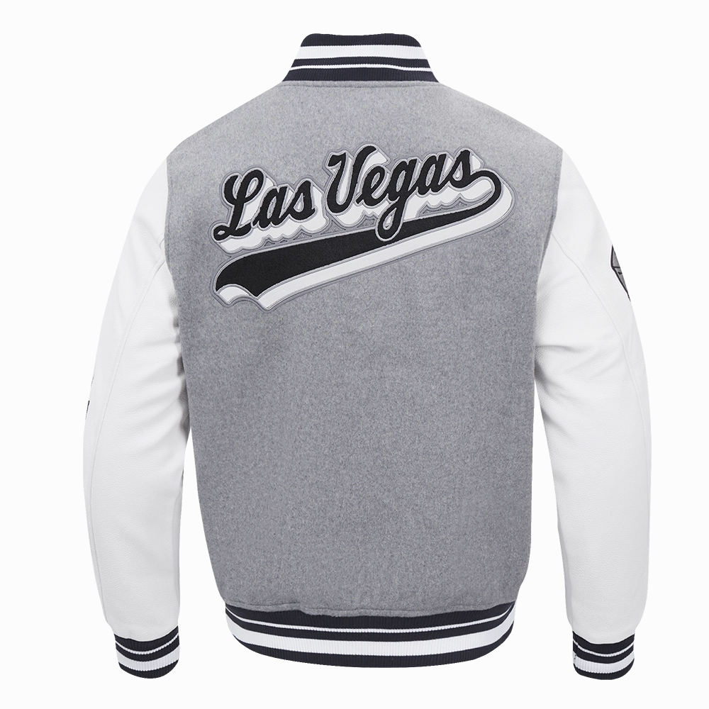 NFL LAS VEGAS RAIDERS SCRIPT TAIL MEN'S RIB WOOL VARSITY JACKET (HEATHER GREY/WHITE/BLACK)