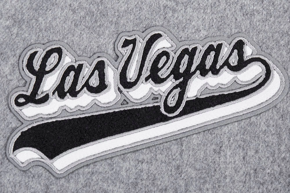 NFL LAS VEGAS RAIDERS SCRIPT TAIL MEN'S RIB WOOL VARSITY JACKET (HEATHER GREY/WHITE/BLACK)