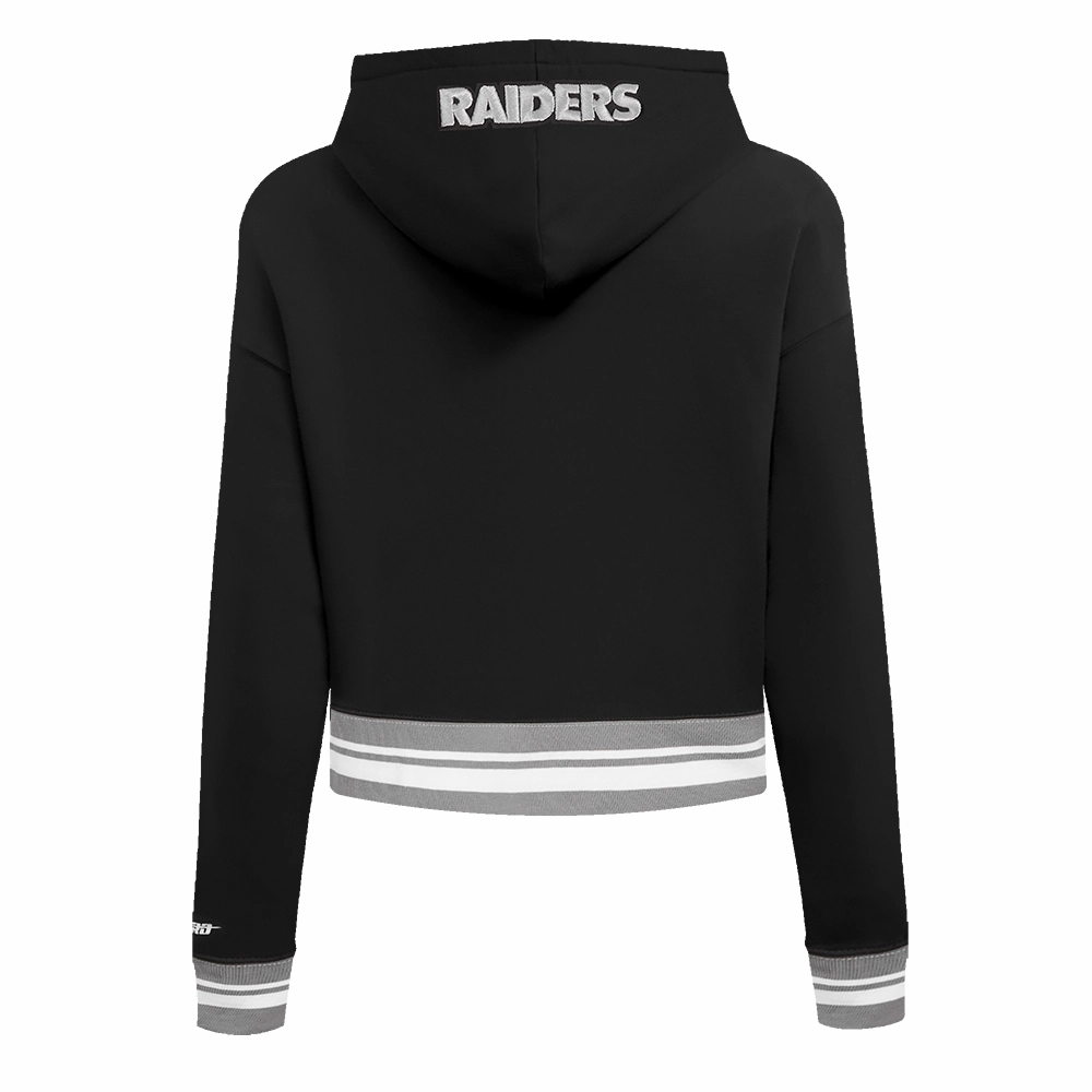 NFL LAS VEGAS RAIDERS SCRIPT TAIL WOMEN'S RIB FLEECE CROPPED PULLOVER HOODIE (BLACK/GRAY)