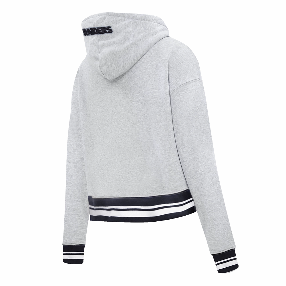 NFL LAS VEGAS RAIDERS SCRIPT TAIL WOMEN'S RIB FLEECE CROPPED PULLOVER HOODIE (HEATHER GRAY/BLACK)