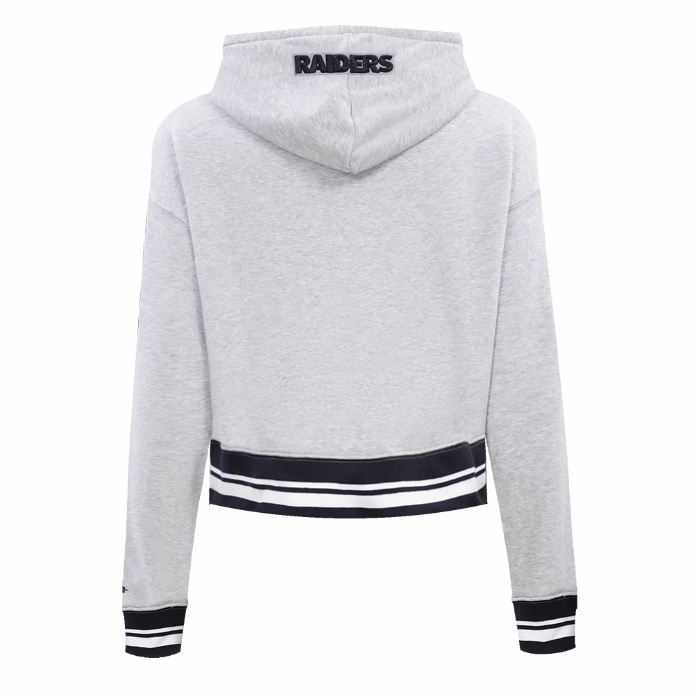 NFL LAS VEGAS RAIDERS SCRIPT TAIL WOMEN'S RIB FLEECE CROPPED PULLOVER HOODIE (HEATHER GRAY/BLACK)