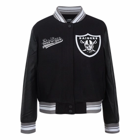 NFL LAS VEGAS RAIDERS SCRIPT TAIL WOMEN'S WOOL VARSITY JACKET (BLACK/GRAY)