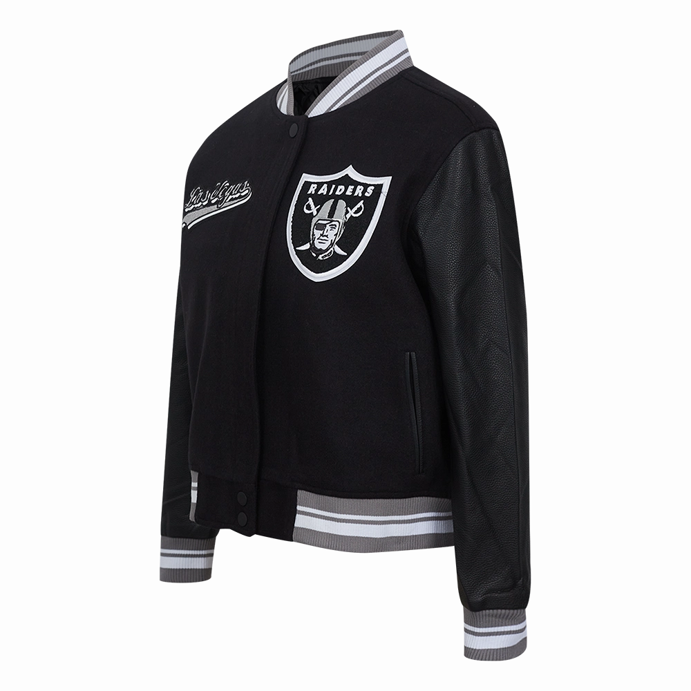 NFL LAS VEGAS RAIDERS SCRIPT TAIL WOMEN'S WOOL VARSITY JACKET (BLACK/GRAY)