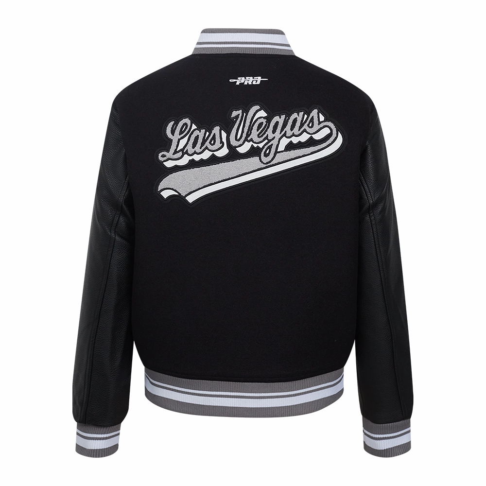 NFL LAS VEGAS RAIDERS SCRIPT TAIL WOMEN'S WOOL VARSITY JACKET (BLACK/GRAY)