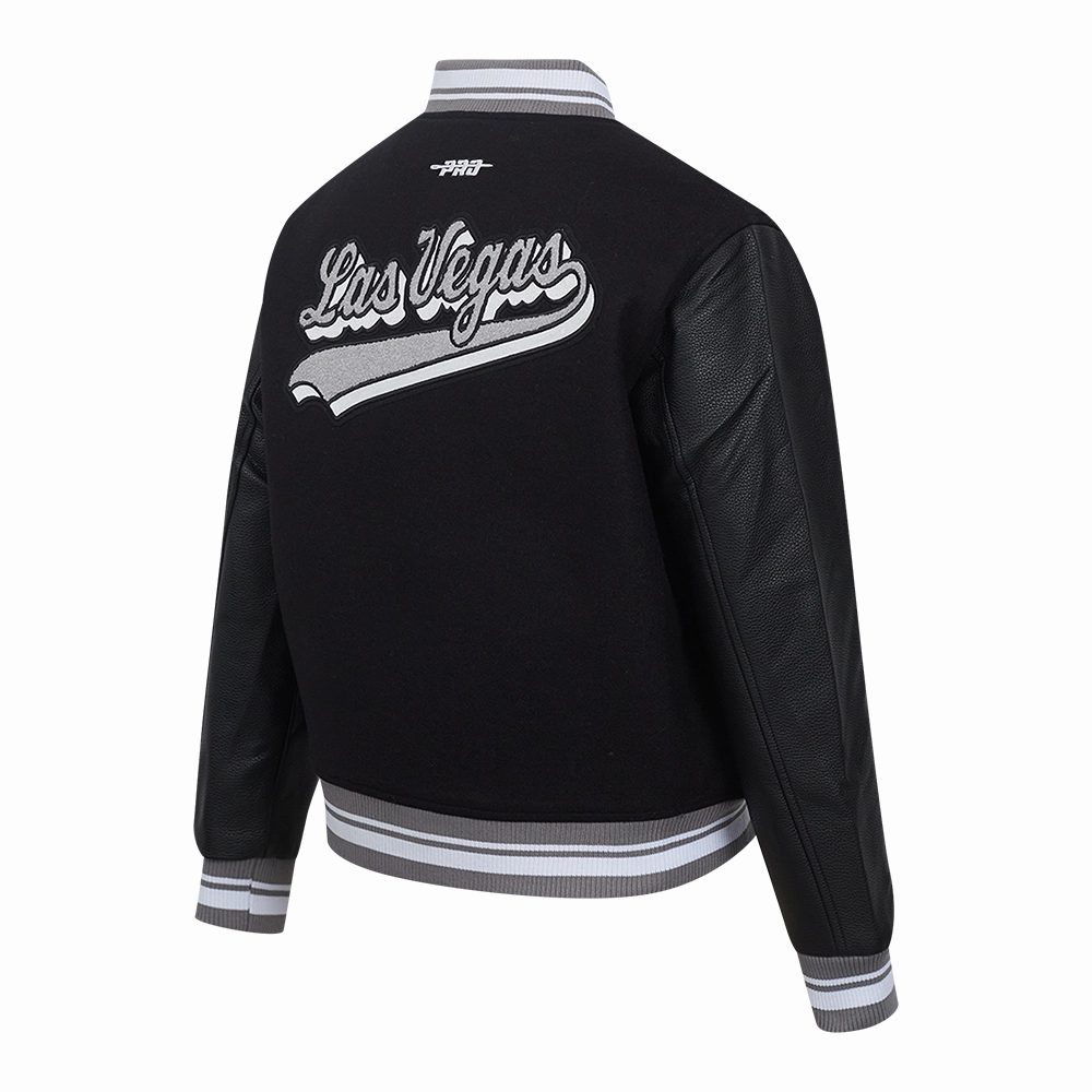 NFL LAS VEGAS RAIDERS SCRIPT TAIL WOMEN'S WOOL VARSITY JACKET (BLACK/GRAY)