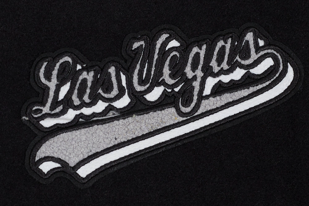 NFL LAS VEGAS RAIDERS SCRIPT TAIL WOMEN'S WOOL VARSITY JACKET (BLACK/GRAY)