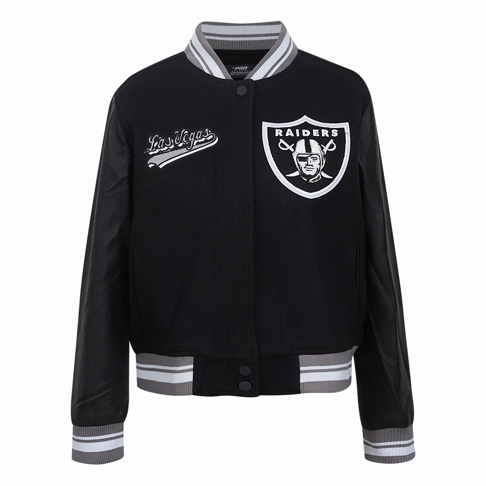 NFL LAS VEGAS RAIDERS SCRIPT TAIL WOMEN'S WOOL VARSITY JACKET (BLACK/GRAY)