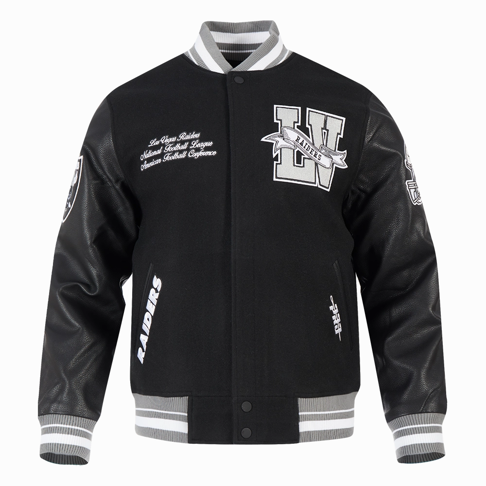 NFL LAS VEGAS RAIDERS TEAM PENNANTS MEN'S RIB WOOL VARSITY JACKET (BLACK/GRAY)