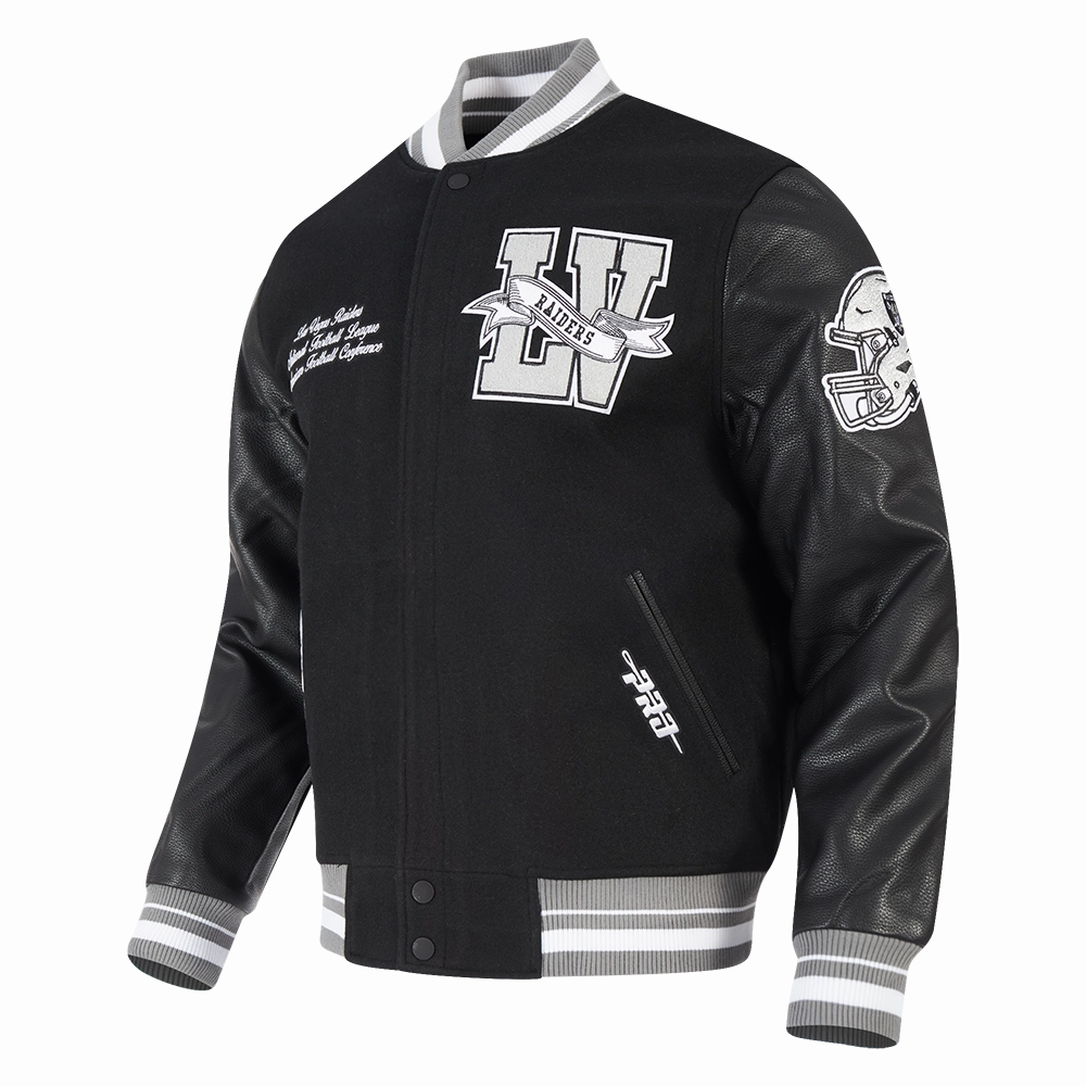 NFL LAS VEGAS RAIDERS TEAM PENNANTS MEN'S RIB WOOL VARSITY JACKET (BLACK/GRAY)