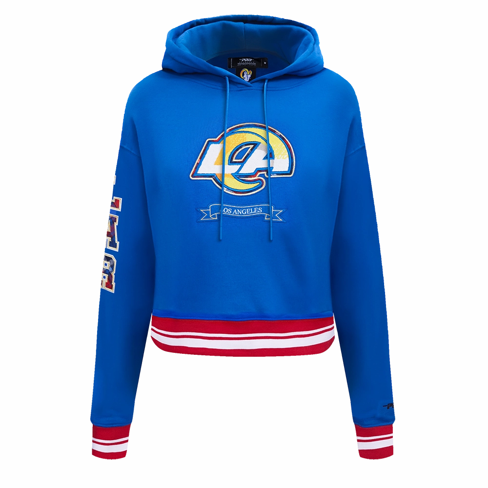NFL LOS ANGELES RAMS PRO PREP RIB FLEECE WOMEN'S CROPPED PULLOVER HOODIE (ROYAL BLUE/RED)