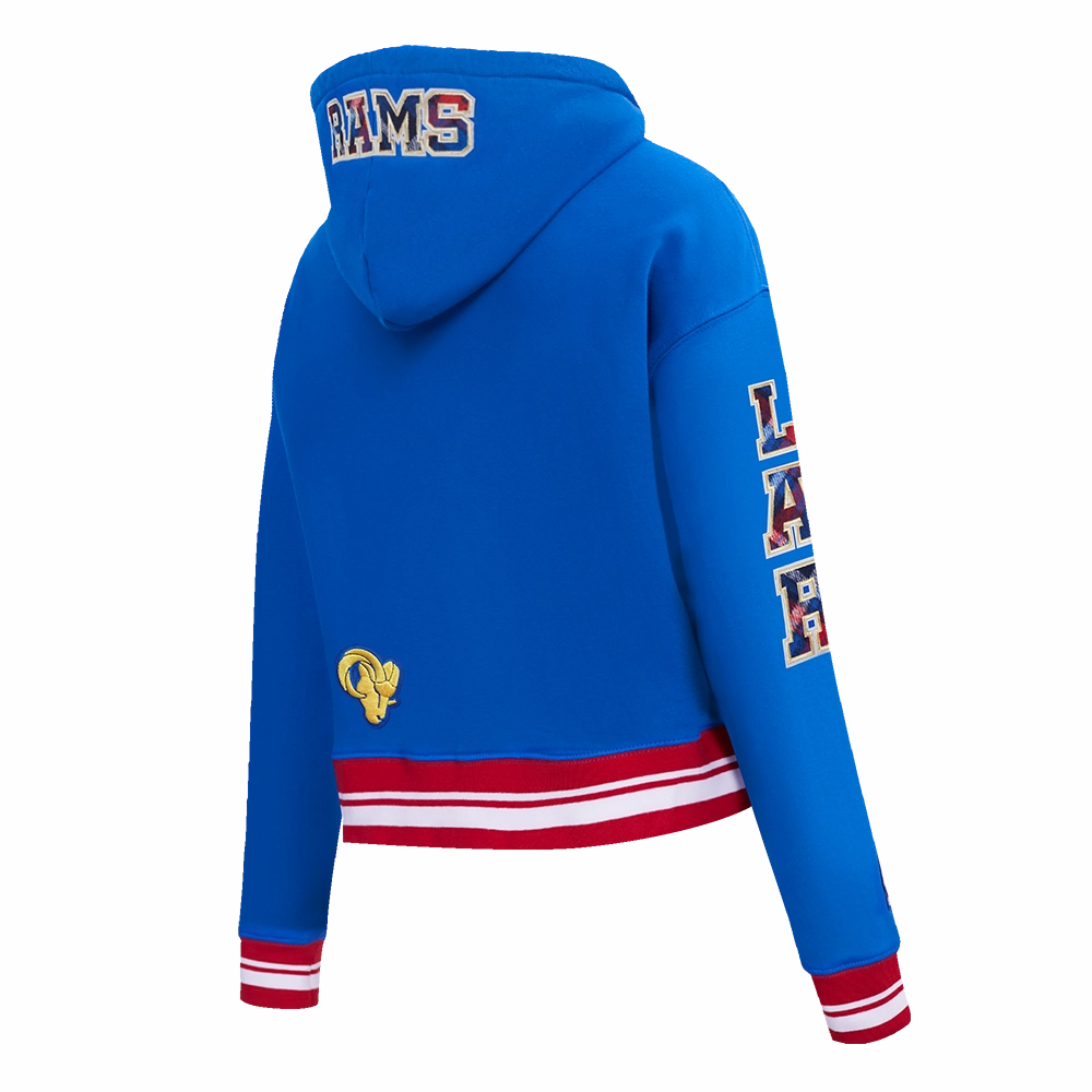 NFL LOS ANGELES RAMS PRO PREP RIB FLEECE WOMEN'S CROPPED PULLOVER HOODIE (ROYAL BLUE/RED)