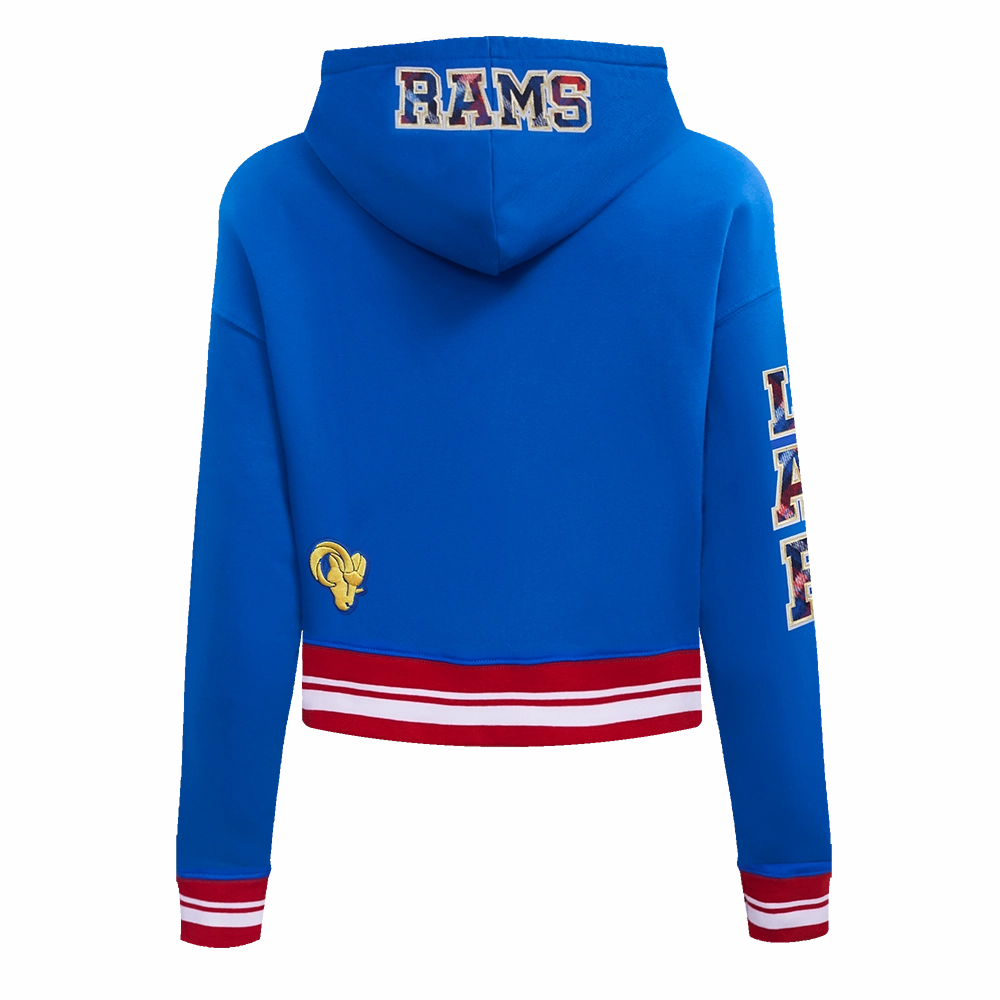 NFL LOS ANGELES RAMS PRO PREP RIB FLEECE WOMEN'S CROPPED PULLOVER HOODIE (ROYAL BLUE/RED)