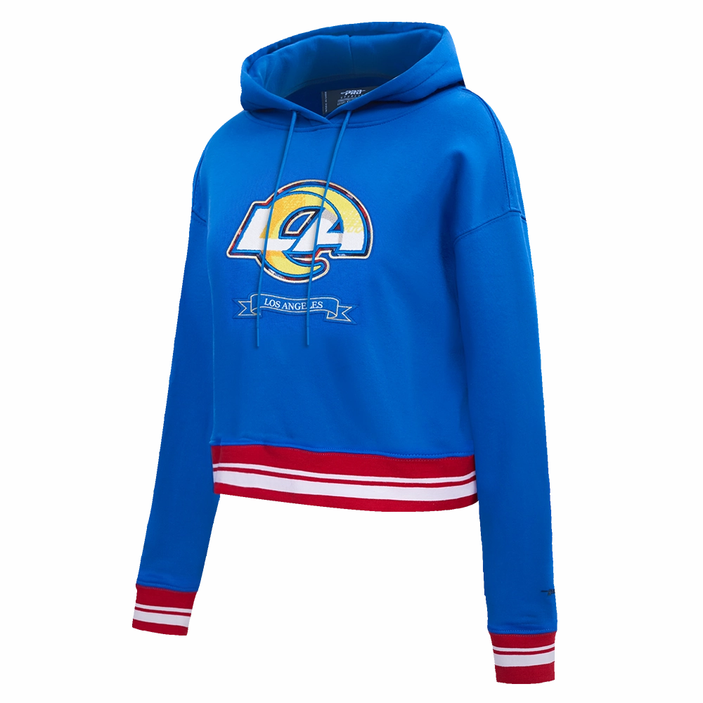 NFL LOS ANGELES RAMS PRO PREP RIB FLEECE WOMEN'S CROPPED PULLOVER HOODIE (ROYAL BLUE/RED)