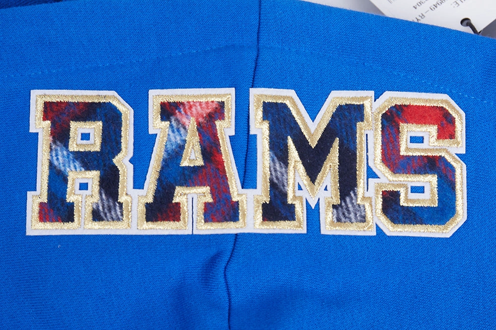 NFL LOS ANGELES RAMS PRO PREP RIB FLEECE WOMEN'S CROPPED PULLOVER HOODIE (ROYAL BLUE/RED)