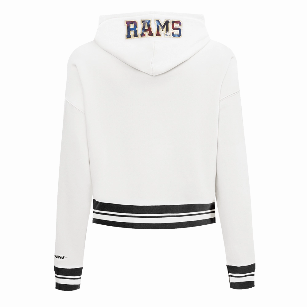 NFL LOS ANGELES RAMS PRO PREP RIB FLEECE WOMEN'S CROPPED PULLOVER HOODIE (WHITE/BLACK)