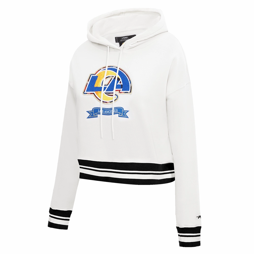 NFL LOS ANGELES RAMS PRO PREP RIB FLEECE WOMEN'S CROPPED PULLOVER HOODIE (WHITE/BLACK)