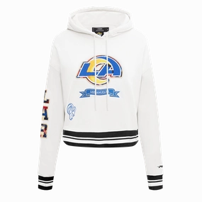 NFL LOS ANGELES RAMS PRO PREP RIB FLEECE WOMEN'S CROPPED PULLOVER HOODIE (WHITE/BLACK)