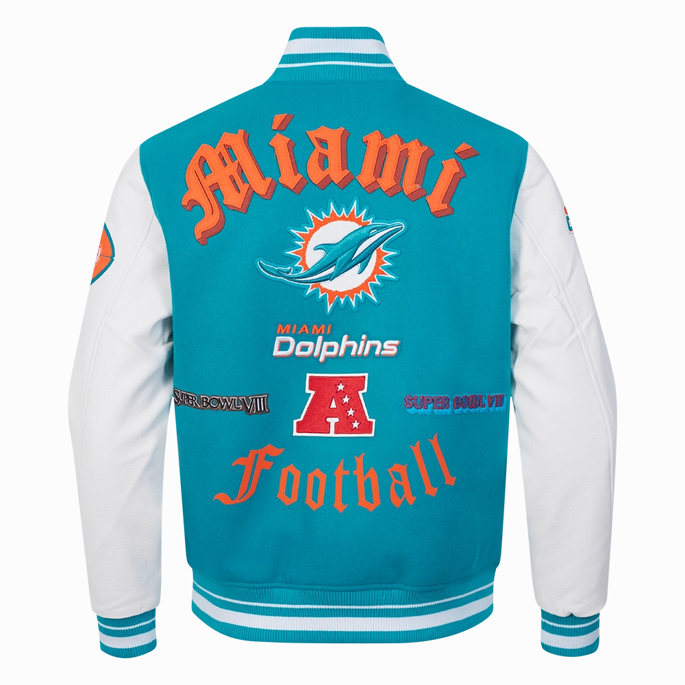 NFL MIAMI DOLPHINS OLD ENGLISH MEN'S RIB WOOL VARSITY JACKET (TEAL/WHITE)
