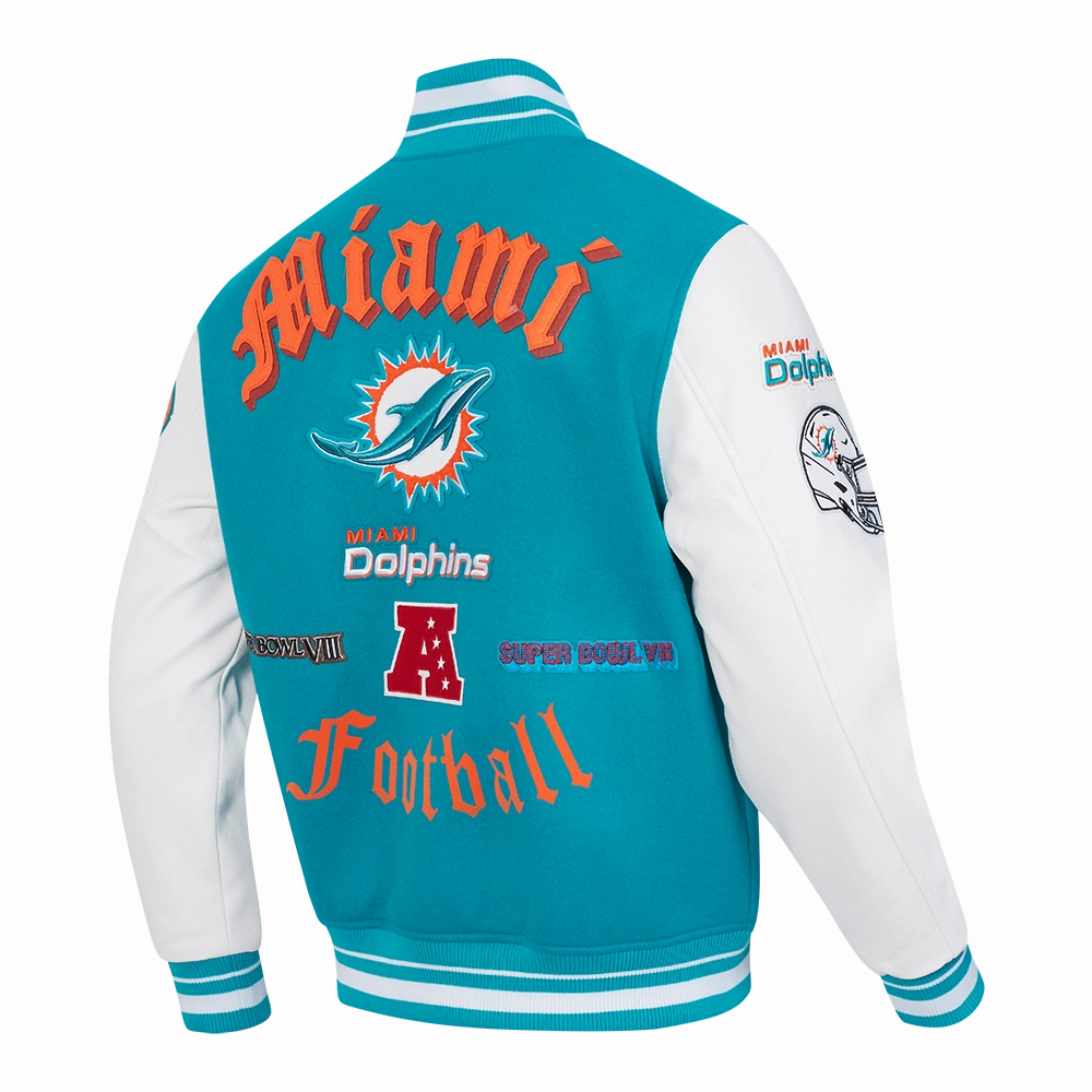 NFL MIAMI DOLPHINS OLD ENGLISH MEN'S RIB WOOL VARSITY JACKET (TEAL/WHITE)