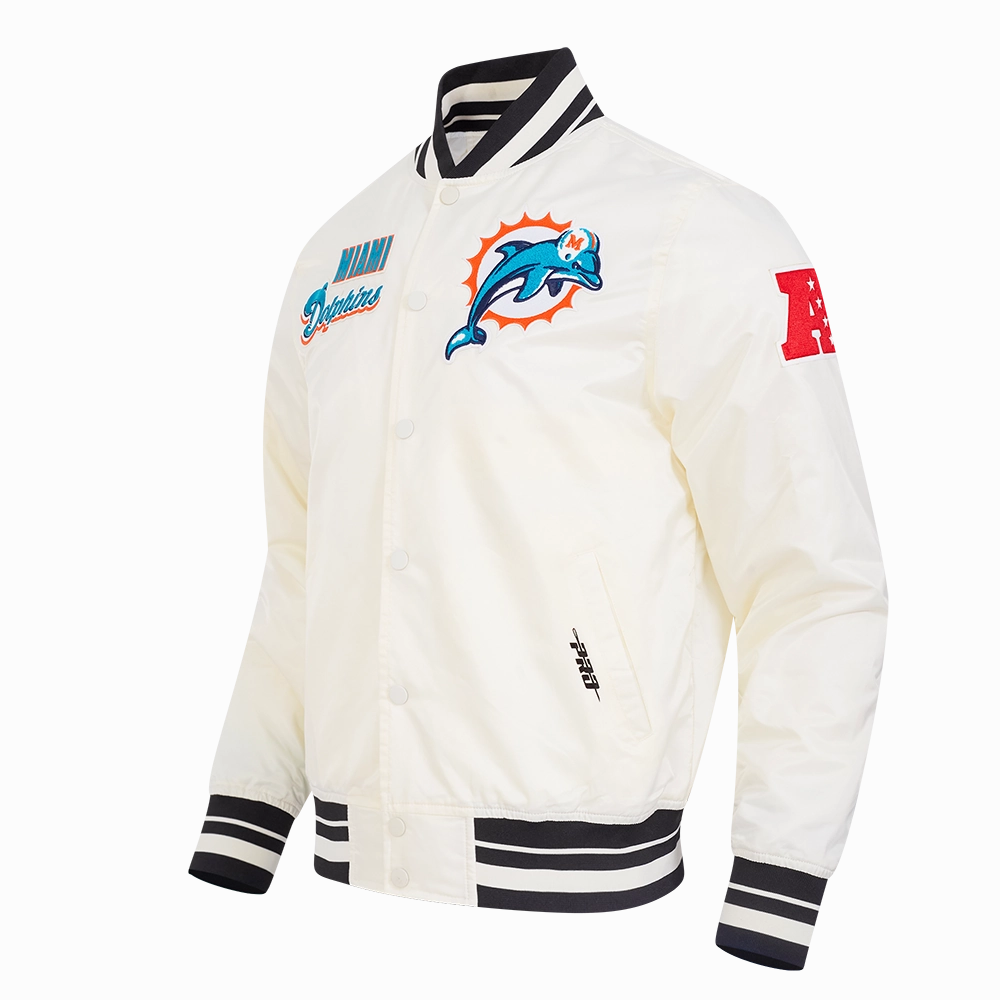 NFL MIAMI DOLPHINS RETRO CLASSIC MEN'S RIB SATIN JACKET (EGGSHELL/ BLACK)