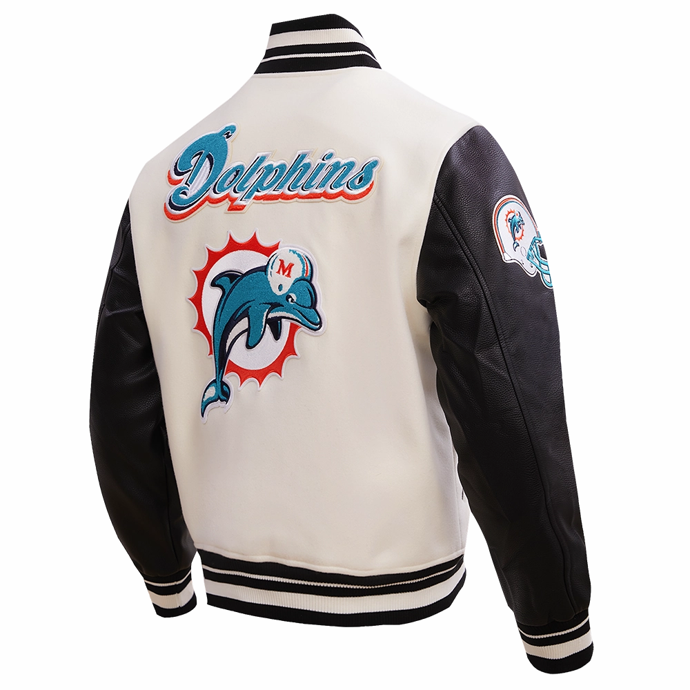 NFL MIAMI DOLPHINS RETRO CLASSIC MEN'S RIB WOOL VARSITY JACKET (EGGSHELL/ BLACK)