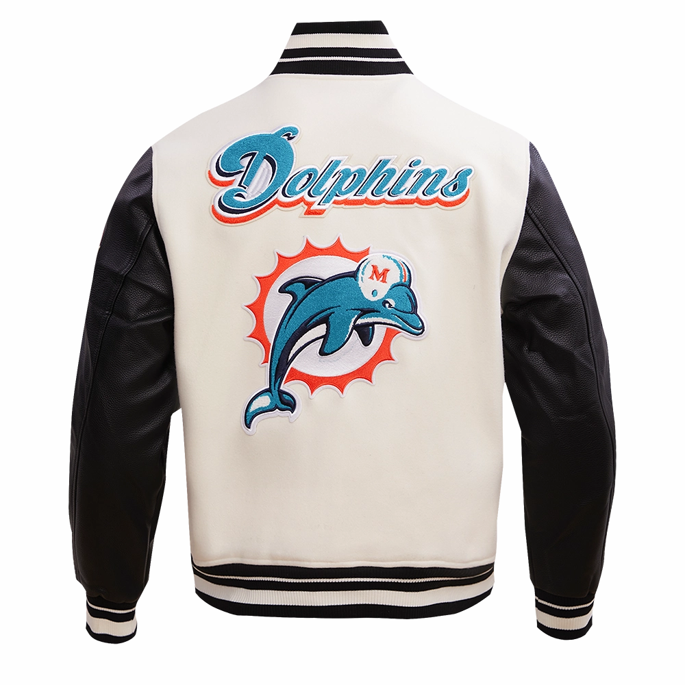 NFL MIAMI DOLPHINS RETRO CLASSIC MEN'S RIB WOOL VARSITY JACKET (EGGSHELL/ BLACK)