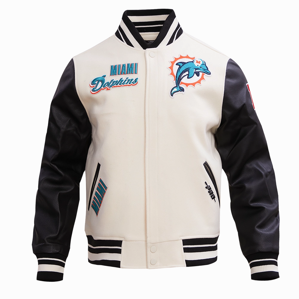 NFL MIAMI DOLPHINS RETRO CLASSIC MEN'S RIB WOOL VARSITY JACKET (EGGSHELL/ BLACK)