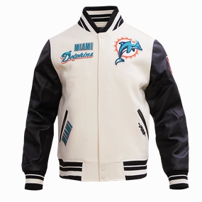 NFL MIAMI DOLPHINS RETRO CLASSIC MEN'S RIB WOOL VARSITY JACKET (EGGSHELL/ BLACK)