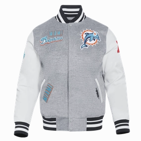 NFL MIAMI DOLPHINS RETRO CLASSIC MEN'S RIB WOOL VARSITY JACKET (HEATHER GREY/WHITE/BLACK)