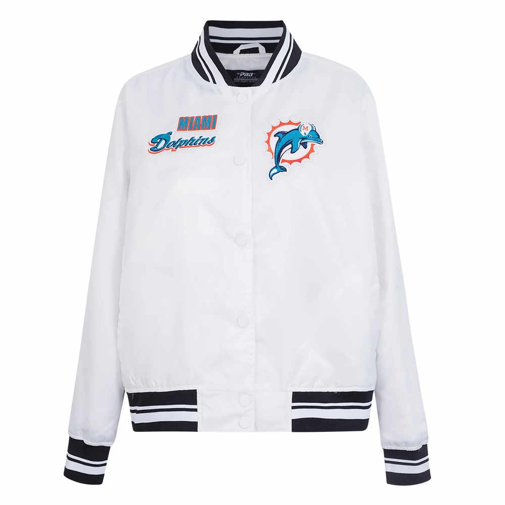 NFL MIAMI DOLPHINS RETRO CLASSIC WOMEN'S RIB SATIN JACKET (WHITE/BLACK)