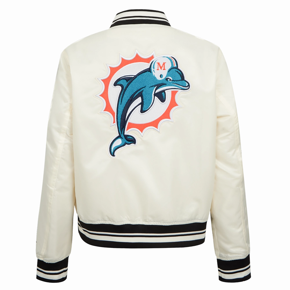 NFL MIAMI DOLPHINS RETRO CLASSIC WOMEN'S RIB SATIN JCKET (EGGSHELL/BLACK)