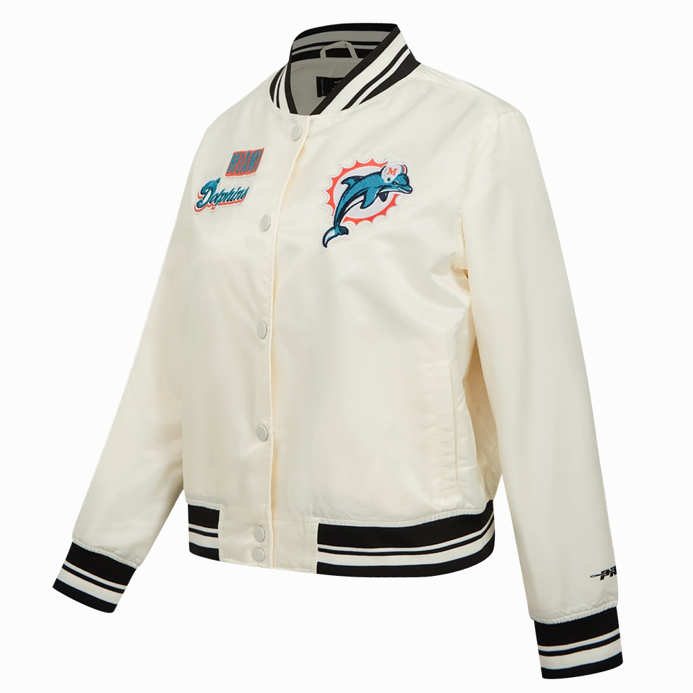 NFL MIAMI DOLPHINS RETRO CLASSIC WOMEN'S RIB SATIN JCKET (EGGSHELL/BLACK)