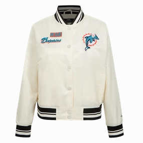 NFL MIAMI DOLPHINS RETRO CLASSIC WOMEN'S RIB SATIN JCKET (EGGSHELL/BLACK)