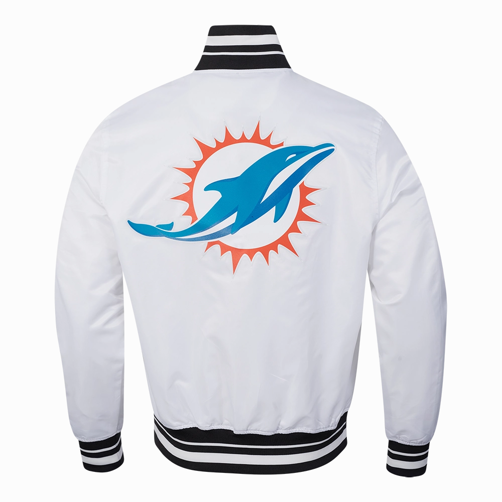 NFL MIAMI DOLPHINS SCRIPT TAIL MEN'S SATIN JACKET (WHITE/BLACK)